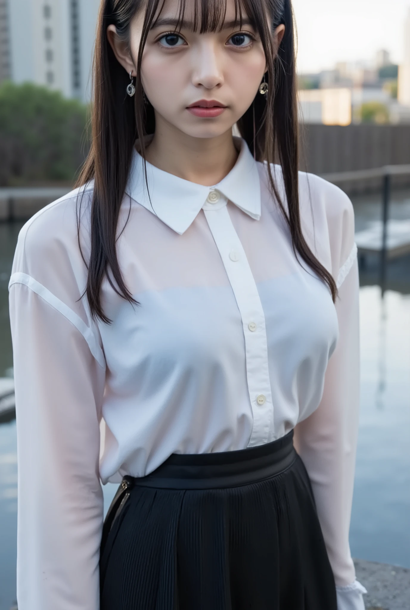 One Beautiful Japanese High Girl 、 Slender Beautiful Girl 、 rain wet uniform 、Rain-soaked thin white collared blouse、 A thin, rain-soaked blouse that shows through the skin、I can see black lace lingerie from under the thin blouse、 see through black lace bra、A white blouse that lets your skin see through when wet、Black mini pleated skirt for a rainy day、 Long dark hair wet in the rain 、woman, top quality , , cinematic lighting for legs bent at the knee , ( Volume Light ), 8k Wallpaper, High Concentration ((anatomically accurate body)) 、((biologically accurate depiction of hands and feet)) ( Biologically Accurate Limbs )、((aftersex))、(()) photorealistic, ( high resolution:1.2), ( High Contrast ) , portrait 、Art Station , sharp concentration,cinematic lighting for legs bent at the knee , ( Natural Breasts ), , natural skin tone, Natural contrasts、Beautiful breasts with modest puffiness