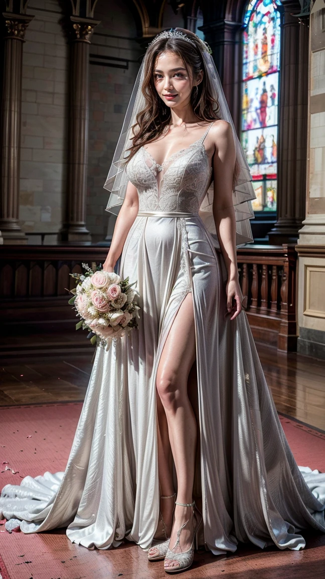 Woman with huge breasts in a wedding dress with huge cleavage walking in the park 