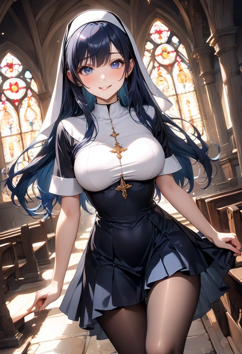 ((highest quality)), ((masterpiece)), (become familiar with), Illuminated by candlelight、In a dimly lit cathedral with huge stained glass windows、Put your hands on the pulpit、support the body、She was wearing only a white bra and white panties.、black haired、had blue eyes、Beautiful girl in her late teens、small face、Bust: 84cm、Waist 55cm、Hip 79cm、perfect hands、perfect fingers、High resolution