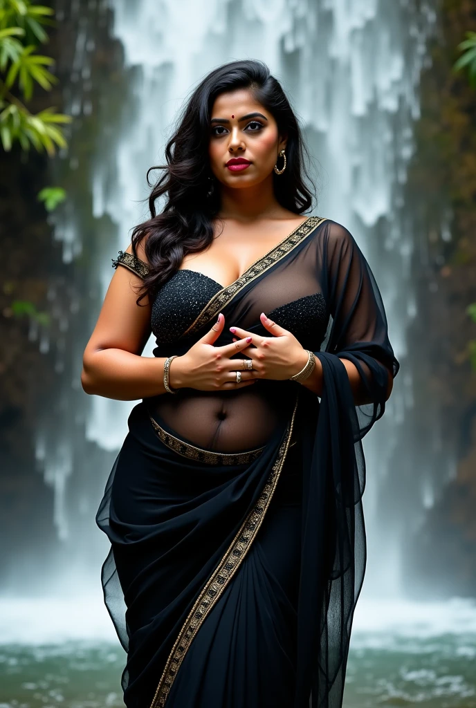 Early 1900s photograph of an Indian Kerala woman, traditional dress, black and white photography, photograph by Lehnert and Landrock, highly detailed, clothed, deep cleavage, busty, visible navel, hourglass figure, ((1girl)), full length photo, outdoors