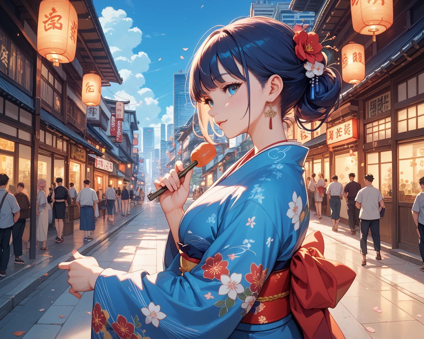(best quality,4k,8k,highres,masterpiece:1.2),ultra-detailed,on the billboard in the city's cinema, a large poster of the movie with the name "AISHA HANABI", in the background a crowd of people on the streets of a city, (art deco), 70's, japan,