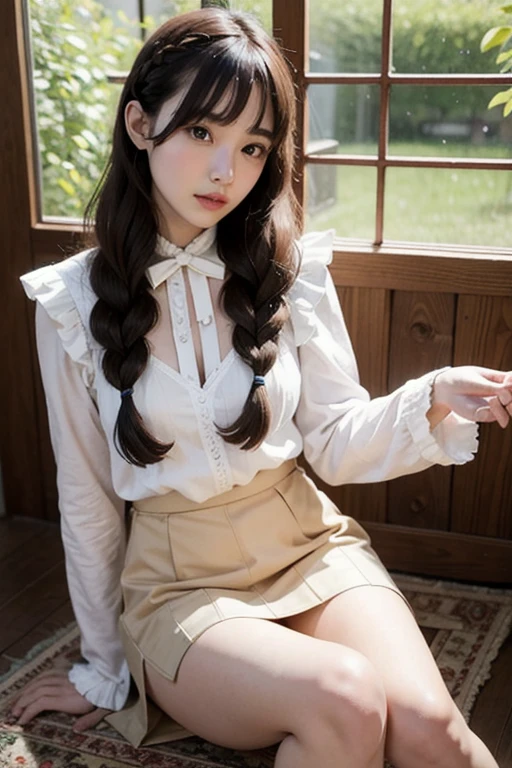 ((Light garden porch background)), (lo-fi), (soft focus), high quality, masterpiece, high definition, high definition, high resolution, 4K, ultra high definition, ultra high definition, ultra realistic shadows, ultra realistic, dramatic lighting, one girl, solo, detailed face, realistic eyes, realistic skin, dynamic hair, dynamic pose, dynamic angle, white flower dress, white background, ulzzang-6500-v1.1, (raw photo: 1.2), (photorealistic: 1.4), beautiful detailed girl, highly detailed eyes and face, beautiful detailed eyes, ridiculous, incredibly ridiculous, huge file size, super detail, high resolution, very detail, highest quality, (bright indoors), (soft light), (low contrast), (shallow depth of field), ( Portrait of a beautiful woman illuminated by gentle light), (very delicate and elegant depiction), (short length bangs), (hair color is dark chestnut with a slight brown tone), (hair with subtle gentle waves), (small braid intricately woven on the sides of long hair), (decorated with thin ribbons), (white blouse with small ruffles), (bow tie), (blue long skirt), ( white short ankle-length silk socks), illustration, very detailed, CG, unification, 8k wallpaper, amazing, fine detail, best quality, highly detailed CG unified 8k wallpaper, face light, movie lighting, 1 girl, 16 years old, (((without panties)), (dynamic pose))), (camel toe), (half), (bent knees and legs sitting))