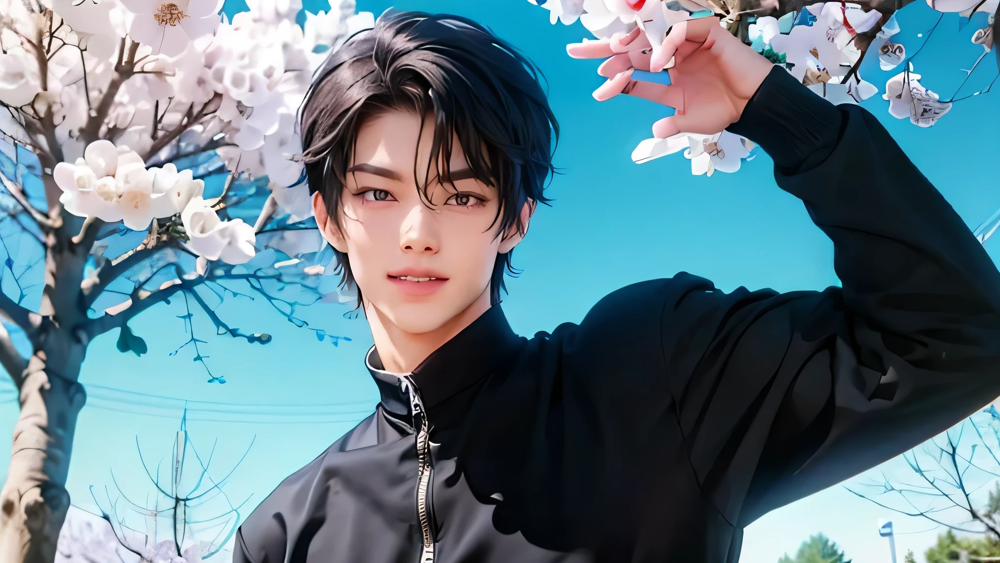 handsome short black hair Short cut under the cherry trees blue sky Long-sleeved Clothes Please take a look at me Face Up Smiling and looking at camera Face Up