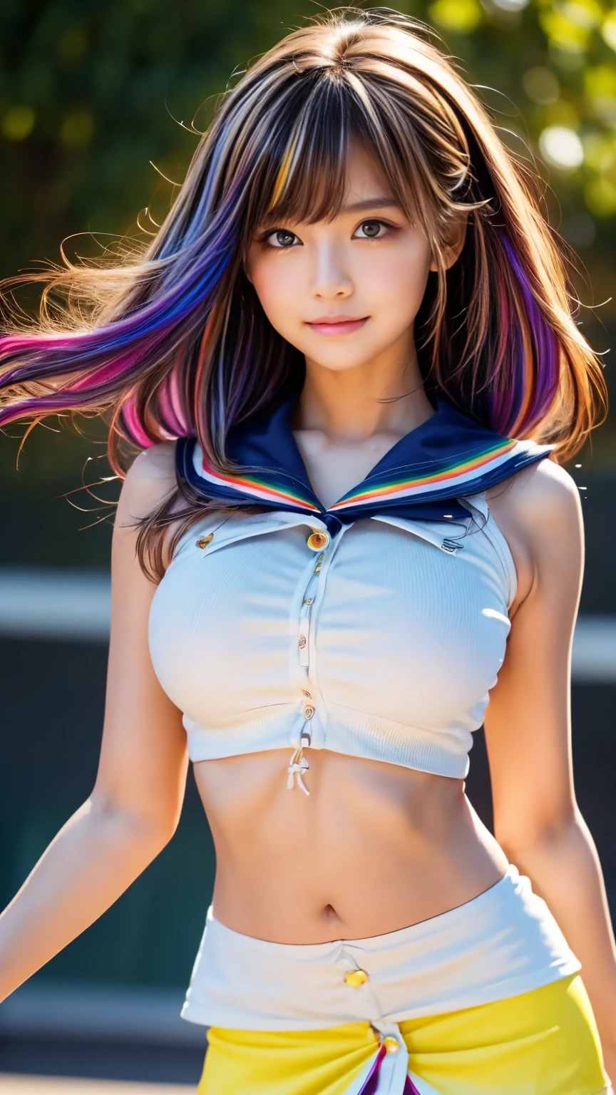 (((obra maestra))), Super detailed, Cola de caballo alta, (flirtatious expression), Camisa kawaii, leggings ajustados, ((cara super linda y tierna)), ((cara angelical)), ((Incredibly beautiful eyes)), (ojos azules luminosos), ((cuerpo completo)), (cabello luminoso), Super sexy hair, ((cabello rubio multicolor)), (Delicate and perfect tricks), (Perfect anatomy), (Super delicate and sexy body), Small body, Dynamic pose, (Super Fine Face), Delicate features, ultra detalladas, mejor calidad, ((ulzzang)), Cinematic lighting, belleza cautivadora, mirada sexy, bonito fondo de estrellas