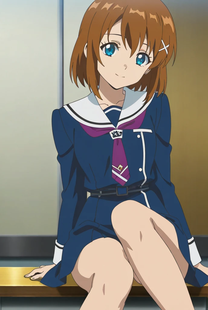 masterpiece, Very detailed,anime, Perfect lighting,One girl, alone, Akane-chan,,Knee-high,loafers, Outdoor,bench,Sitting,wave hands,A light smile,Large Breasts, expensive,