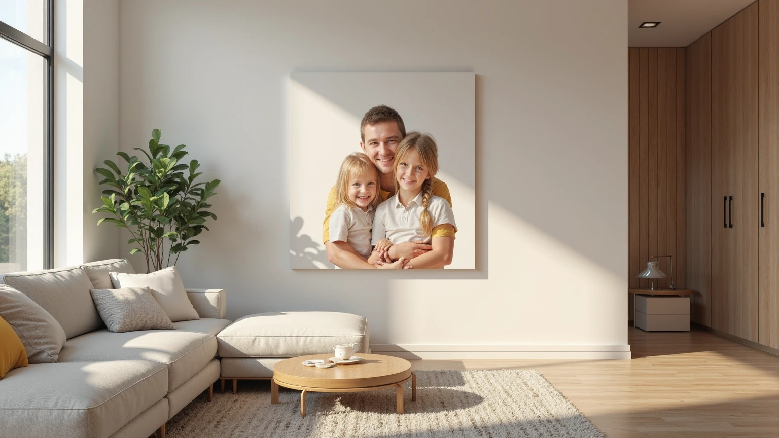 An elegant black digital photo frame with thin frames sits on a white marble shelf in a modern bright living room.. The photo frame screen displays a bright, colorful family photo of a happy couple with two children against the backdrop of a seascape. The photo frame is slightly rotated to the right, to create depth and volume.
To the right of the photo frame there is a small green plant in a white pot, on the left is a stylish table lamp with gold elements. On the wall behind the photo frame you can see part of an abstract painting in pastel colors.
The lighting is soft, but bright, highlighting the quality of the photo frame display and creating a cozy atmosphere. In the lower right corner of the image there is a small translucent logo of the photo frame brand.
The overall composition creates a feeling of homeliness, modern style and technology, drawing attention to the central element - the digital photo frame