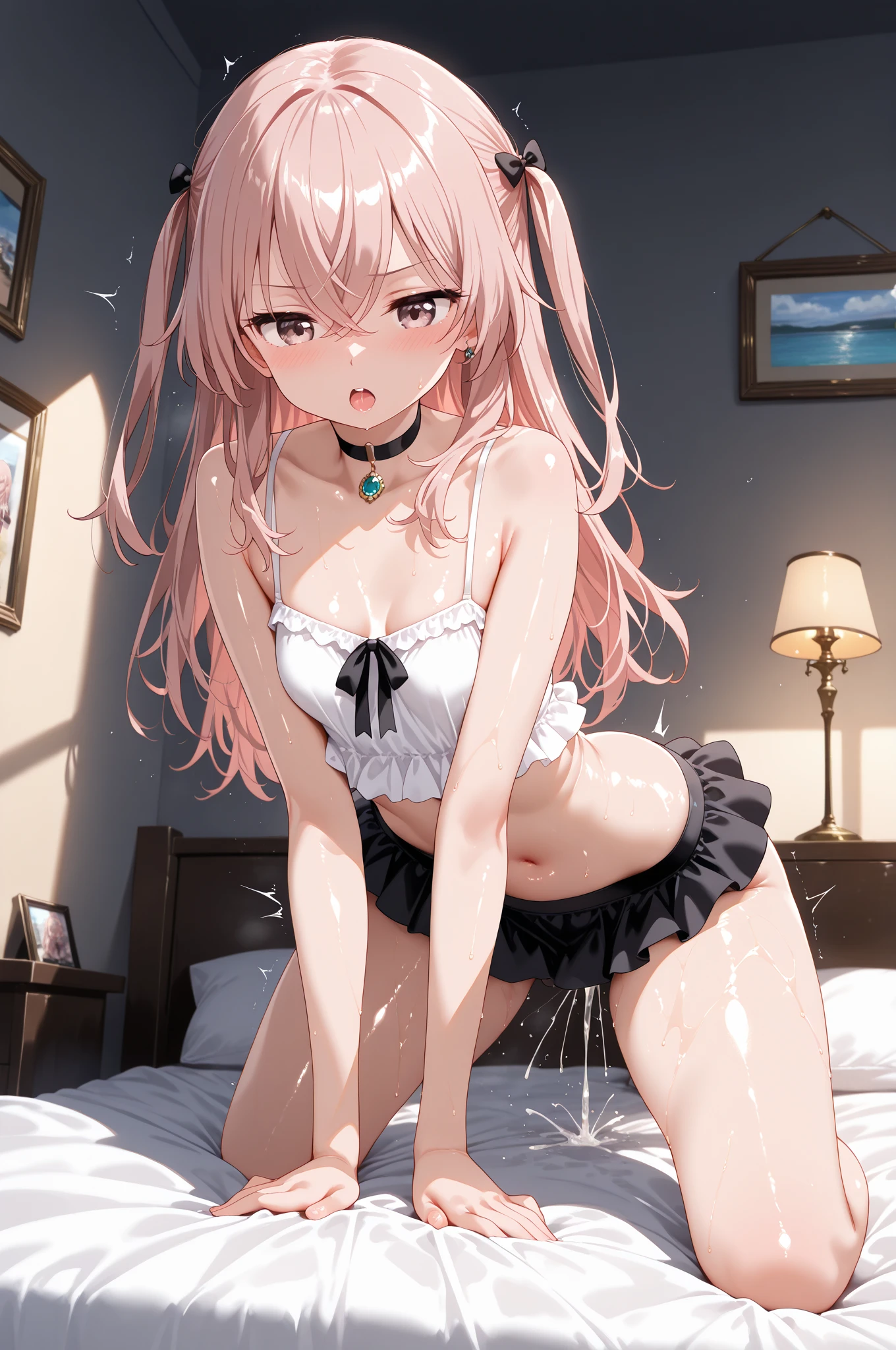((Best Quality)), ((masutepiece)), (Detailed) 、flat breast、round ass、fat 、The stomach is visible、from behind、Heart-shaped nipples、armpit、Sweat all over the body、Frustrated expression、(SEX)、(cum shots)、Lips are pink、garterbelts、holding each other