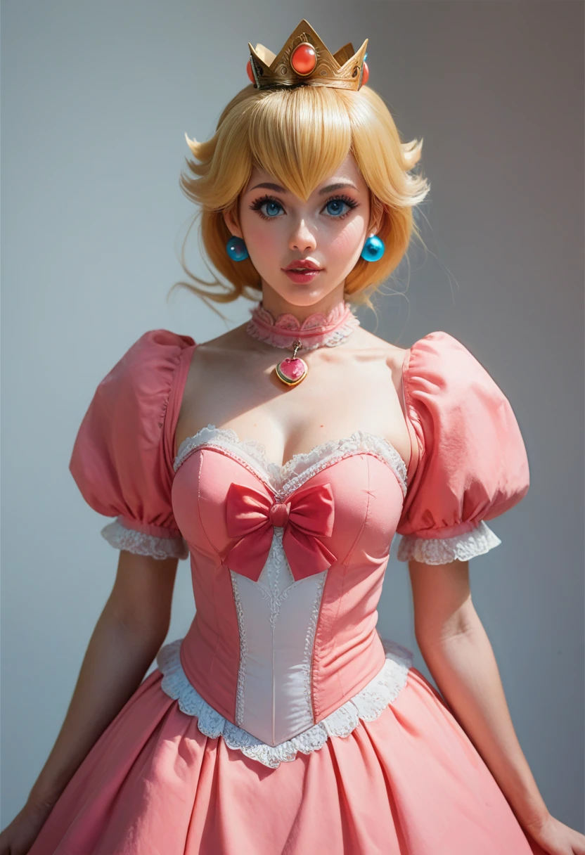 (masterpiece, best quality), 1girl,    <lora:princesspeach-lora-nochekaiser:1> princess peach, blonde hair, blue eyes, long hair, crown, dress, gem, gloves, pink dress, puffy short sleeves, puffy sleeves, short sleeves, white gloves,