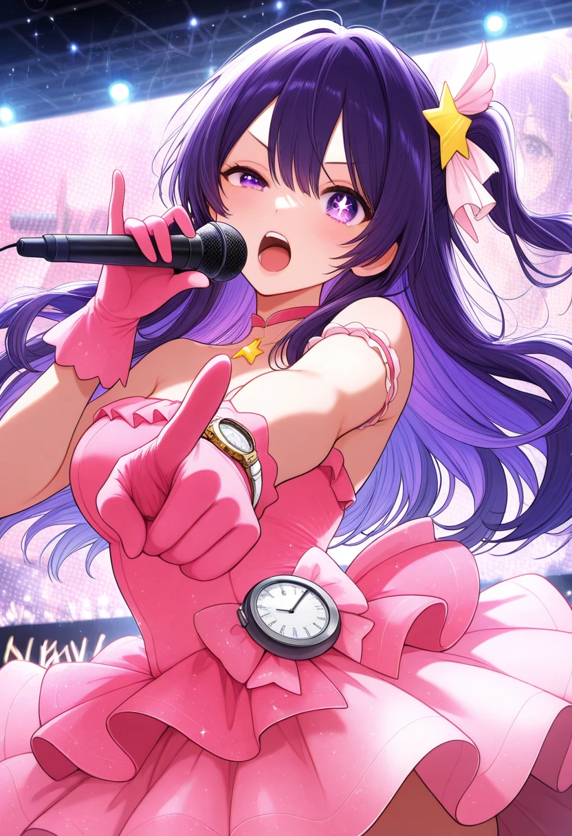Sparkling，Ultra-high sharpness，One girl , Ai Hoshino, (Delicate and detailed facial features:1), high resolution, Ultra-clear resolution, Movie quality,pretty girl，Wearing stage costumes，Take the stage，Sing and dance with a microphone，The spotlight shines on your body