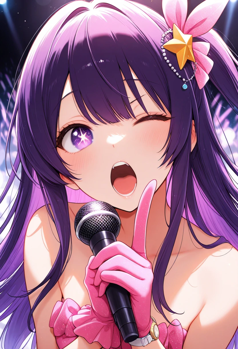 girl1名,Ai Hoshino, long hair, purple hair, striped hair ,purple eyes, star-shaped pupil, hair ornaments ,bright colors, girl, masterpiece, sharp focus, highest quality, Depth of written boundary, longing, shine, outdoor, (stage), stage,concert, ((sing)), nice details,enjoying，Be happy、NSFW,((whole body)),((Completely naked)),((pubic hair))