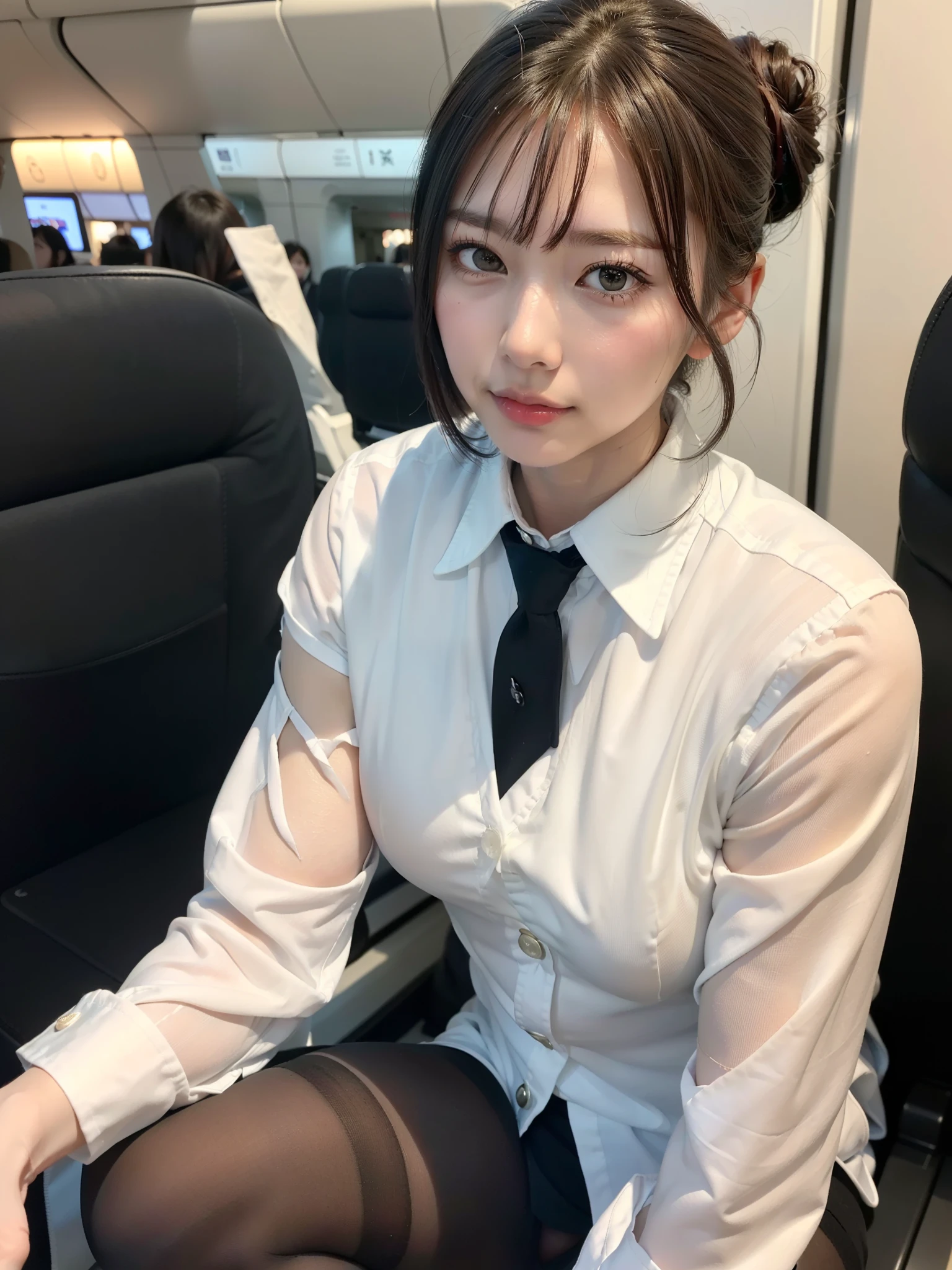 Highest quality, masterpiece, 8K, Ultra-high resolution, (Realistic: 1.4), 1 Girl, Beautiful Face, Symmetrical eyes, big, Perfect Body Proportions, Stewardess Uniform, Viewer Perspective, (On the plane: 1.2), Front view, Shoulder jumps, Absolute area (1.3),