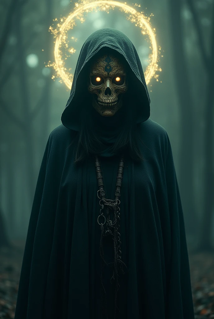 (a person wearing a black hooded robe and a satanism deer skull,holding a candle, look down,Away from viewers),(best quality,high resolution,gloomy,fear,satanism,Dark color scheme),Dim background,gloomy atmosphere,Flickering candlelight,creepy ambiance,Detailed robe texture,Dark and mysterious,The haunting shadow,Ghostly Breath,The eyes are sinister,The faint light of a candle flame, Camera angle, Photo-realistic, high resolution,