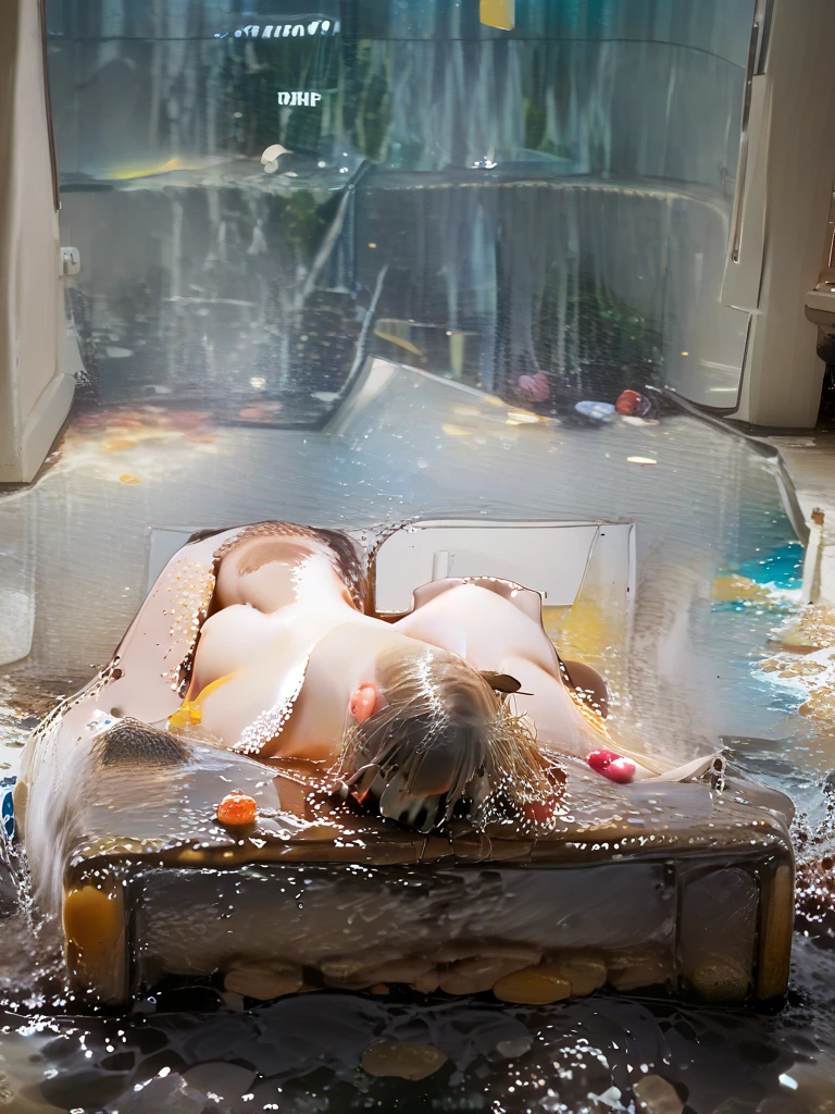 Full length view, a woman in her early twenties lays back in a perspex box full of 1000 slugs and worms, she is blissful, she is wearing a pink thong, she is moaning, she is a white woman, she has red hair,