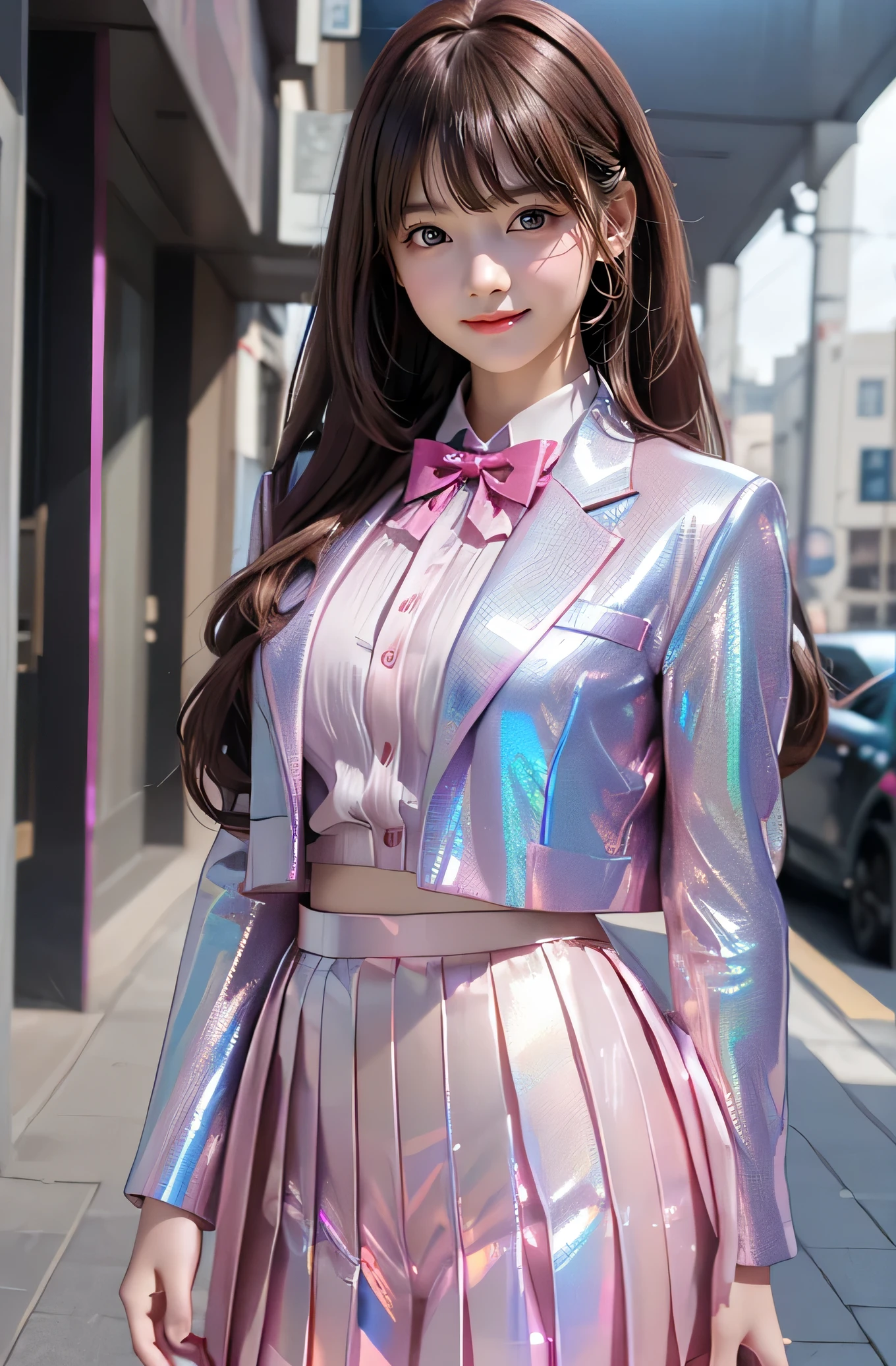 (super cute face:1.2),(Very beautiful cute girl), (),(sparking clear attractive large eyes:1.2), Beautiful detailed eyes, Detailed double eyelids, smiling, (realistic photograph:1.1), in the street,
(Super Shiny Metallic red pink transparent holographic Blazer and Pleated Skirt :1.2),School uniform, Ribbon bow Tie,
(brown hair:1.2),professional portrait ,costume with very smooth and strong reflective surfaces