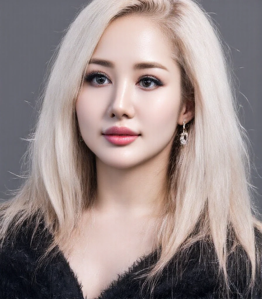 ultra highres, 4k, 8k, raw photo in hdr, sharp focus, best quality, intricate texture, skin imperfections, smooth skin, realistic, detailed facial features, highly detailed face, perfect lighting, light blonde hair, simple black dress, standing, stripped background,  <lora:Jiwoo_v1:0.75>