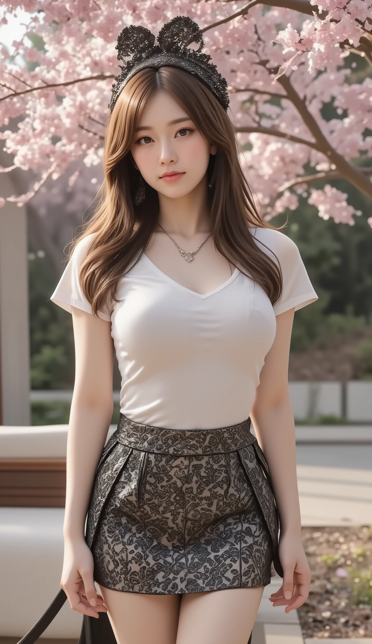 &Quotes;((Best Quality)), ((masterpiece)), Highest quality), (((masterpiece)))、((Highest quality))、(very detailed)、(CG illustration)、(so beautiful ))、 Cinematic Light 、(((mid night, moon night:1.9))), sakura, Cherry blossom trees, ((( 1 mechanical girl under 桜並木)))、 SF、Apocalypse、Erotic and grotesque、graduate School(Beautiful and luxurious:1.2)、(1 girl:1.3)、face the front, Full Body Shot , ((big breasts:1.2), (Big Breasts:1.2), (raised and crisp bust:1.2), (lifts the chest:1.2), (Perky breasts :1.2), (Deep cleavage :1.4), ( double breasted,Underbust:1.2), button gap with,((( CORSET BELTS ))),(((high waist skirt,))), Carrying two long swords on his back