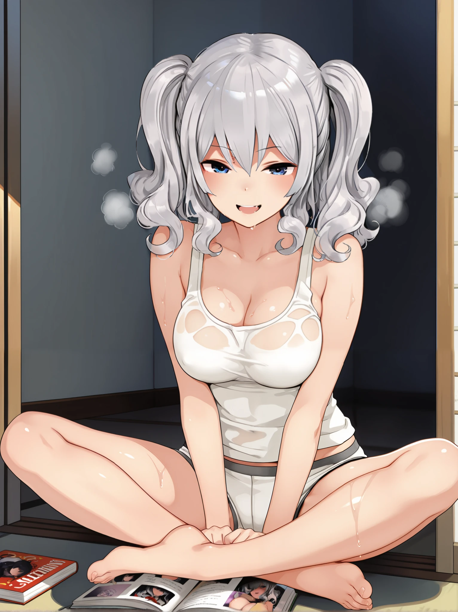 masterpiece, Best Quality , Great Quality Collection, 1 girl,alone,,That's amazing ,
Kashima,Full blush,steam blesses,bite your teeth tight,heavy breathing, V Shaped Eyebrows, white tank top,baggy tank top ,White Boxer Briefs, sweated, open your mouth ,smile, raise the corner of your mouth,wet close,èæ°'æ£,steam blesses, disheveled hair ,is cross-cut,Indian Style ,miosis,Read magazines,Looking for books , pornographic images,Hands On Needs