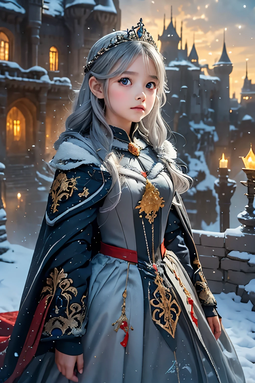 Little young girl,Gray Hair,cute,Fantasy, gorgeous dress ,tiara,odd-eye,red carpet,Castle,night, Cavalry,Princess,young girl