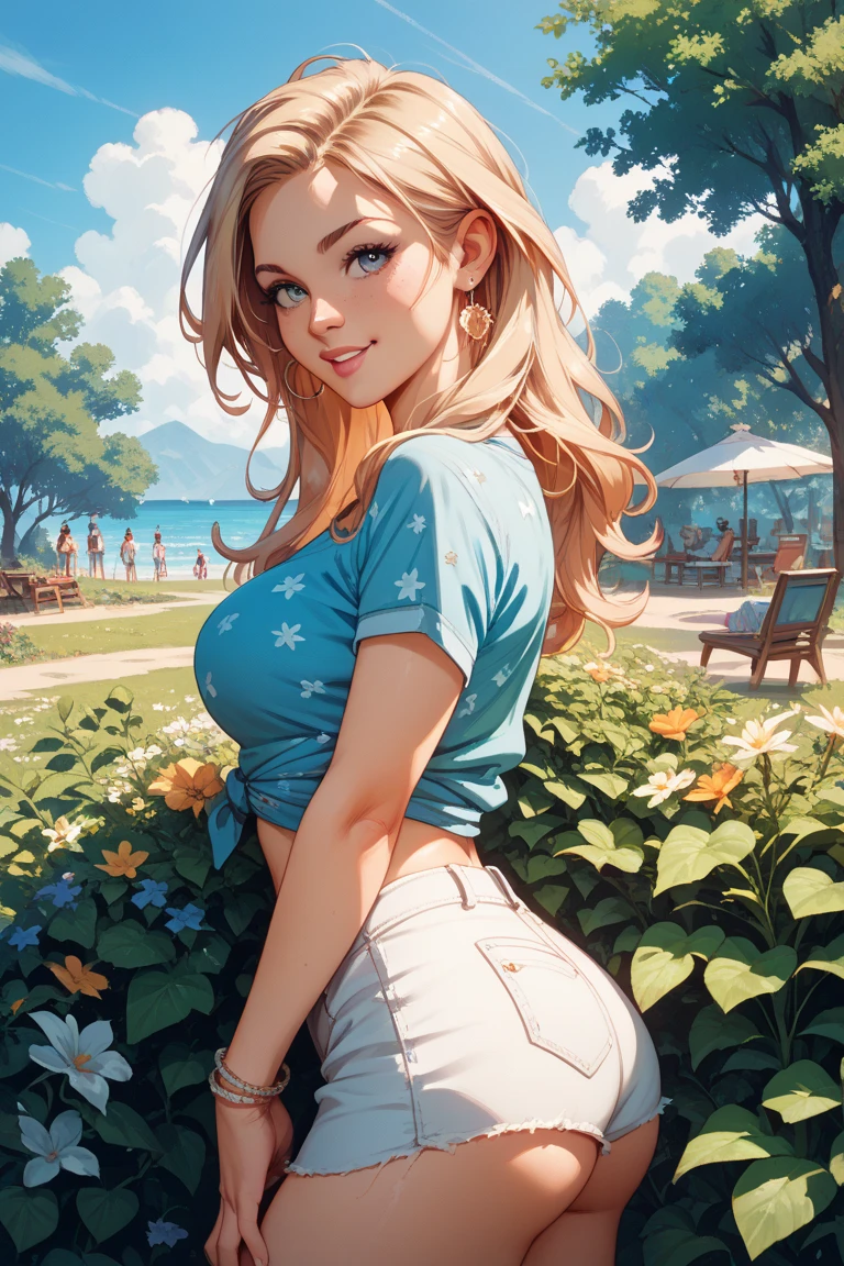 Woman sitting on the grass in a bikini top, beautiful and smiling, 23 years old, cartoon style, caricature