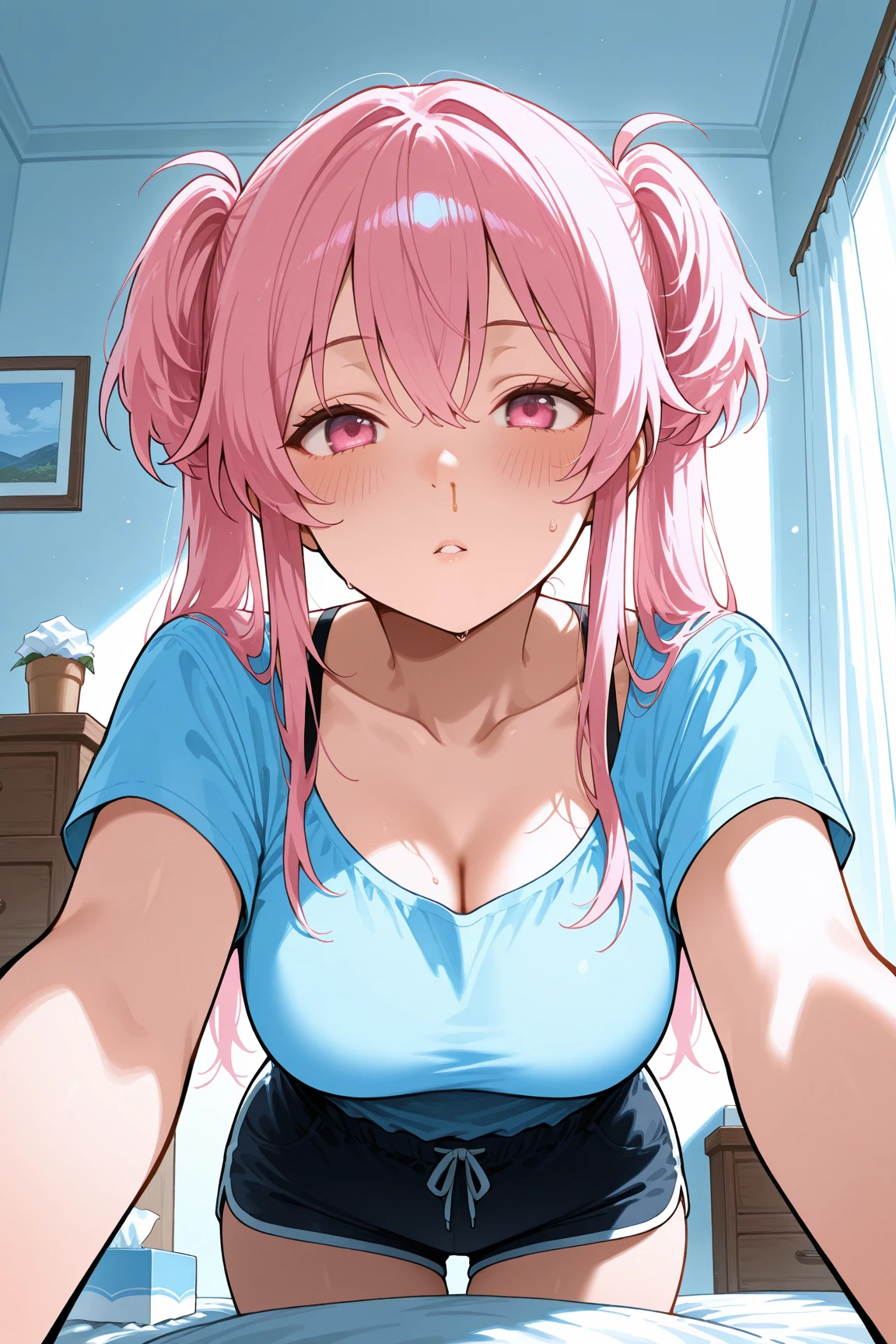 masterpiece、highest quality、Very detailed、Photograph the upper body、1 female、(Put your arms behind your back:1.2)、Are standing、Turn your body forward、View your viewers、(Nursemaid、Nurse cap)、blush、shy、(trembling:1.2)、Pink Hair、Open your mouth、Hospital corridor、Big Breasts、