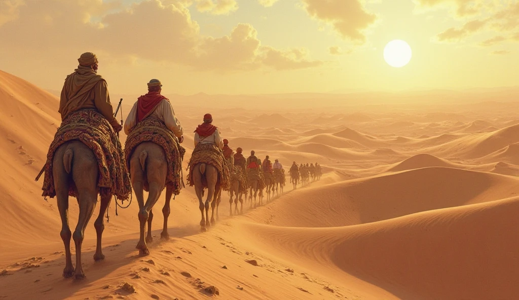 The Hijra to Medina:
"A caravan of early Muslim followers, led by the Prophet Muhammad, travels through the vast Arabian desert under the scorching sun. The group, weary yet determined, approaches the gates of Medina, where they are warmly welcomed by the city’s inhabitants, signifying the beginning of the Muslim community."