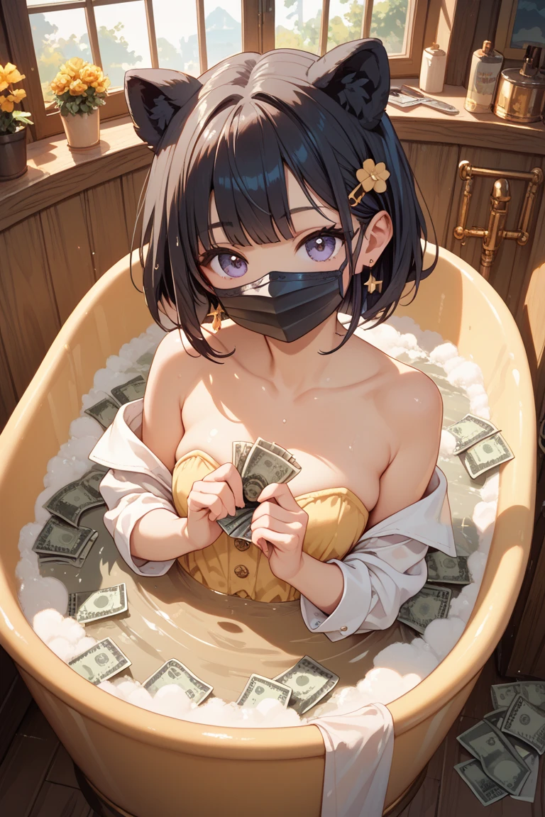 (Highest quality:1.2, Very detailed, up to date, Vibrant, Ultra-high resolution, High Contrast, masterpiece:1.2, Best aesthetics), (((1 person, beautiful girl))), super beautiful, Woman in a bathtub full of banknotes, bath of bills, Holding a stack of bills, A big smile, Open your mouth, joy, Beautiful eyelashes, Beautiful brown eyes, Sparkle in the eyes, bikini, Achievers, into gold, Chiaroscuro, Random Pause,