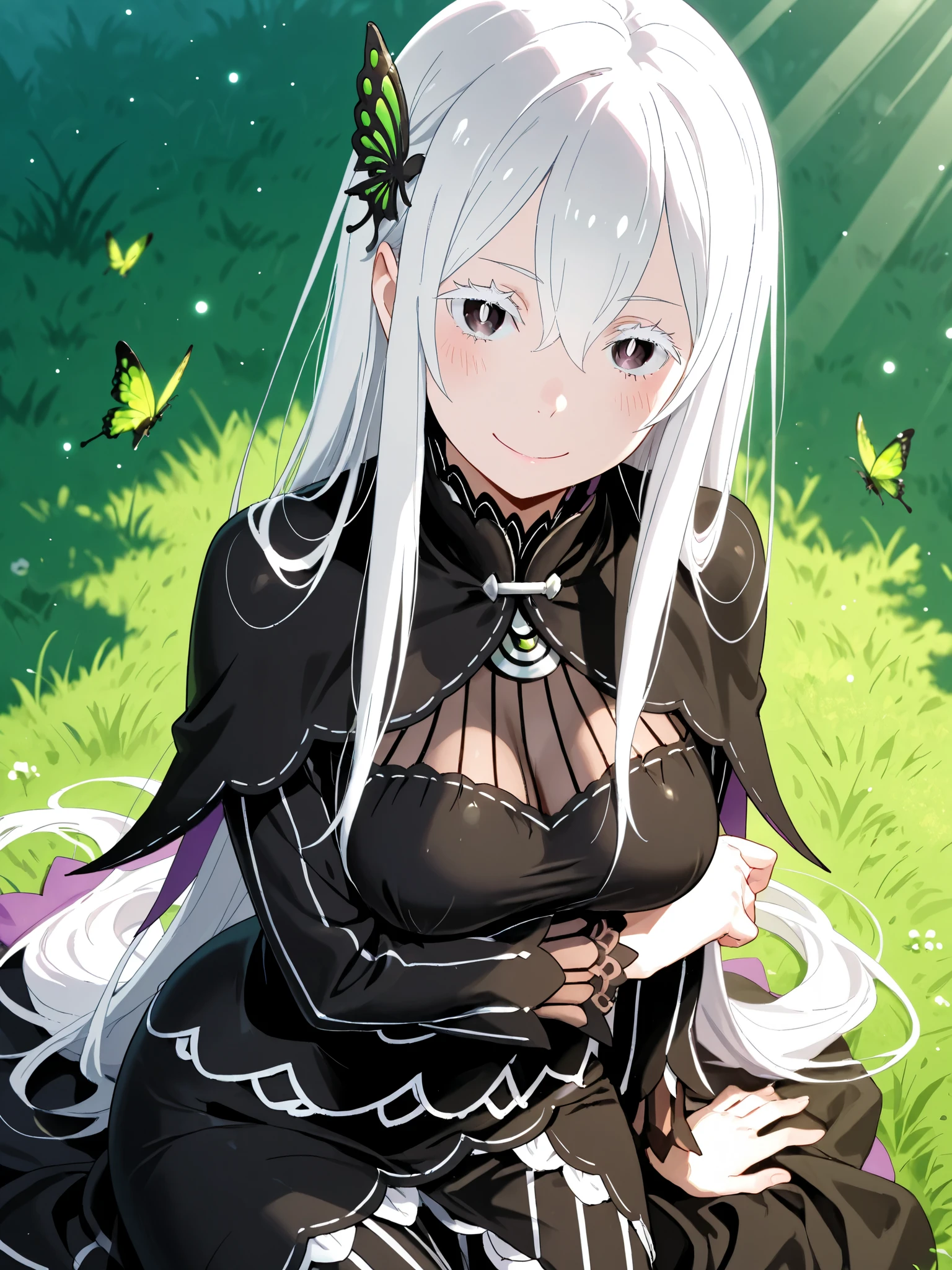 1girl ,echidna (re:zero) ,arm under breasts ,black dress ,blush ,breasts ,bright pupils ,butterfly ,butterfly hair ornament ,colored eyelashes ,dress ,grass ,green butterfly ,hair between eyes ,hair ornament ,light blush ,light particles ,long dress ,long hair ,looking at viewer ,medium breasts ,sunlight ,smile ,white eyelashes ,white hair ,white pupils ,witch ,masterpiece, best quality, ultra detailed ,