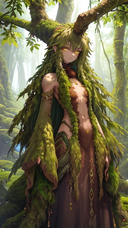 masterpiece, top-quality, 1 dryad、Slim body、small tits、exceptionally detailed anatomy, Leaf clothes、large leaves on the head,、lovely, emotive, Charming, Bewitching、World Tree、Fantastical、Slim body、small tits、beautiful countenance、Tree Spirit、In the deep forest、Nymphs、myth 、PsyAI、Dynamic angles