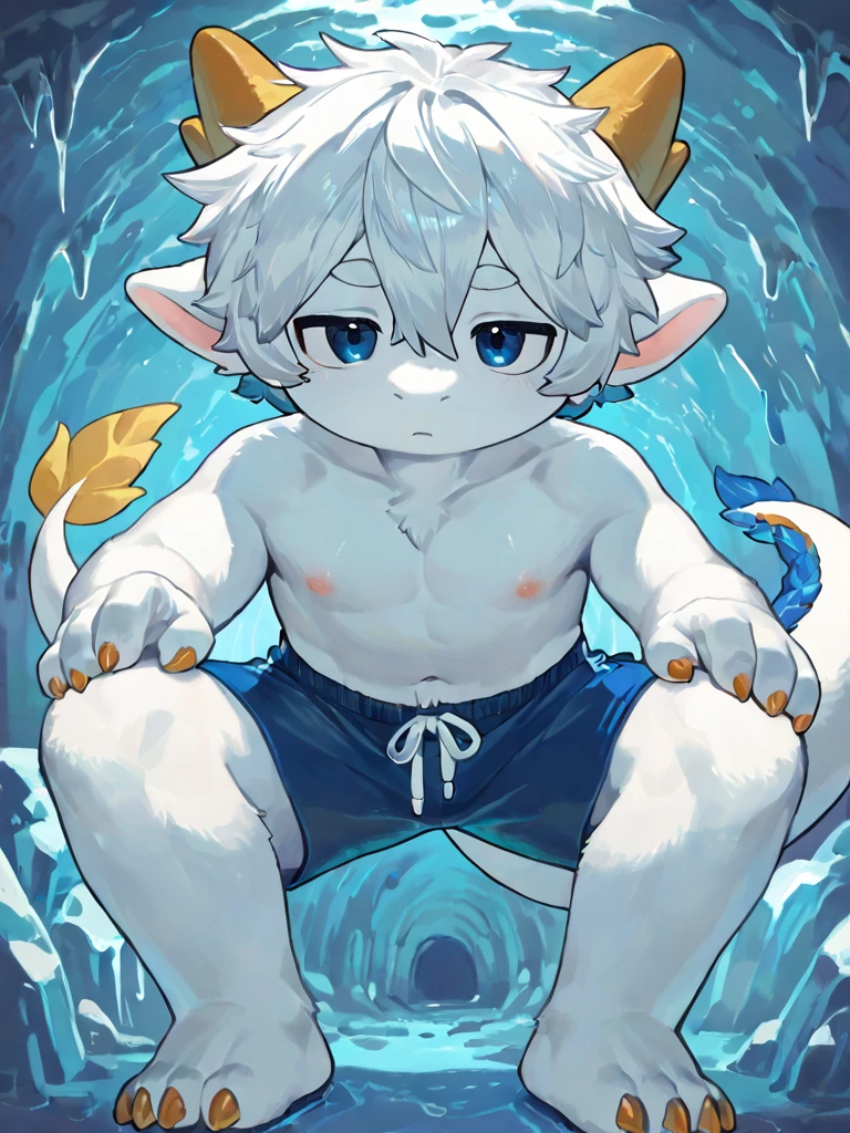 ultra-detailed, masterpiece, masterwork, high quality, best quality, hdr, posted on e621, (by darkgem), (nature, hot spring, waterfall), nsfw, male, solo, chibi, (white little body dragon), hairy dragon, (silver hair, yellow eyes, detailed eyes, white body), (nude, smallpenis, foreskin, balls), stylish pose, front view, dynamic angle
