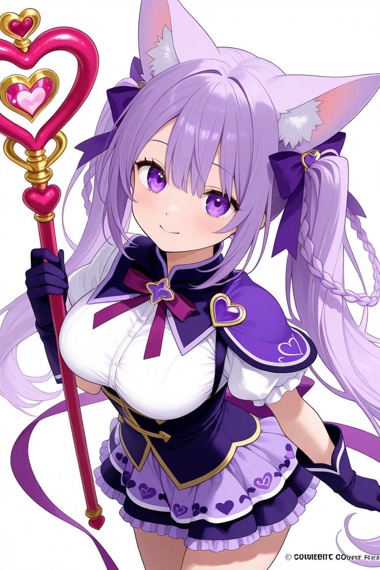 1girl, Blue eyes, Long Hair, Bangs, Purple Hair, Breasts, Smile, Blush, Light Smile, cat ears