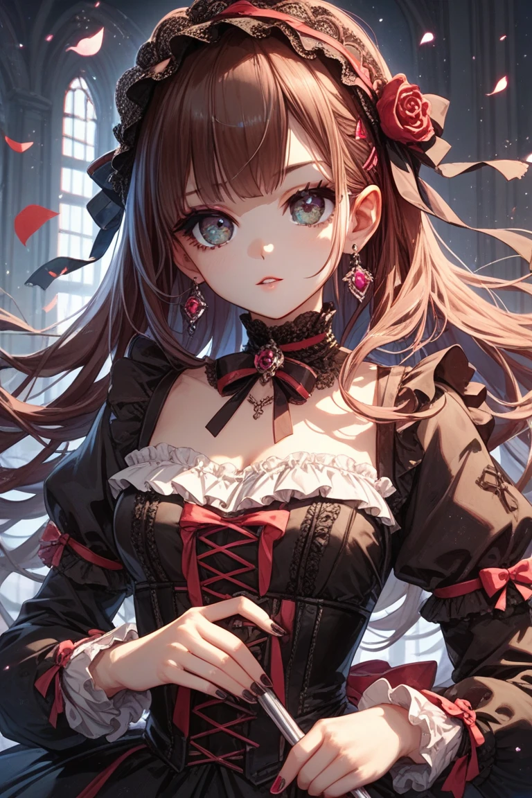 best quality, masterpiece, highres, solo, {imai_lisa_bangdream:1.15}, brown_hair, long_hair, bangs, smile, jewelry, green_eyes, earrings, blush, ponytail, sidelocks, 1girl, black_gloves, black_nails, choker, fingerless_gloves, flower, gloves, looking_at_viewer, nail_polish, red_flower, rose, red_rose, open_mouth, upper_body, yellow_eyes, hat, red_shirt, ribbon
