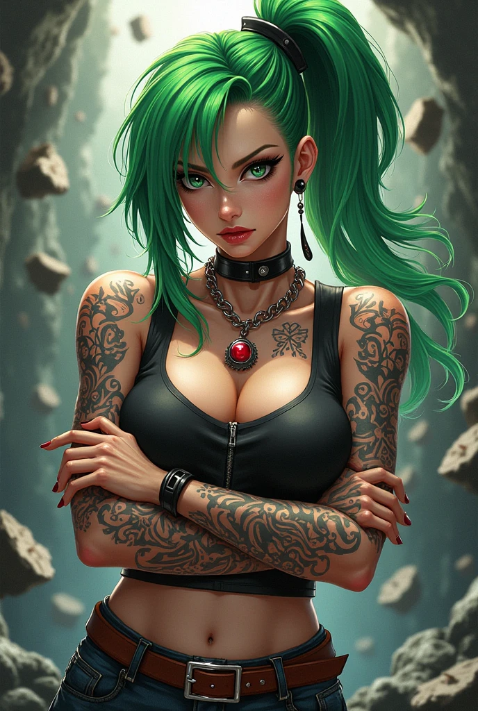 Beautiful girl, slim fit  body, green hair, crop top panties, white skin ,  pink lips , fully tattooed body 