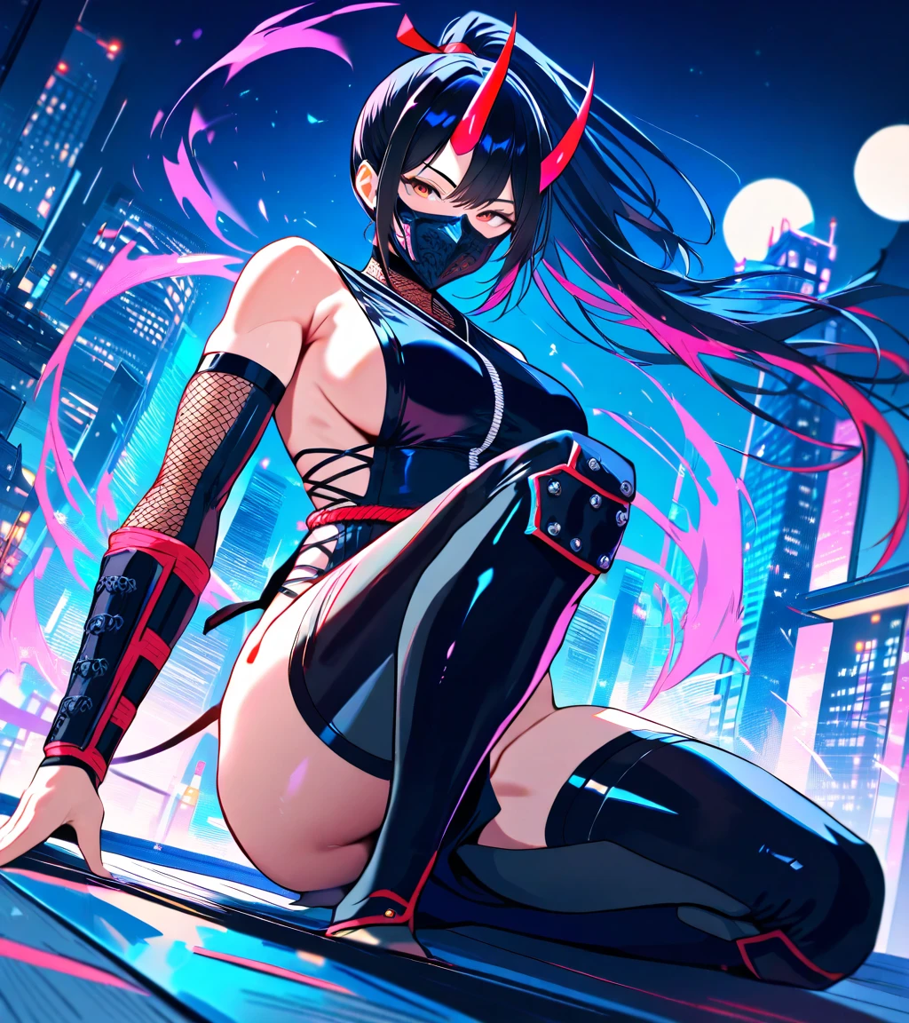 最high resolution,high resolution,Legendary Assassin, Beautiful Teenage Woman,Small breasts,black hooded coat , Fearless smile, Red lips, Black Hair, Red eyes, realism, Night city view from the top of a skyscraper,Neon Town,Digital Painting, Concept Art, Smooth, Sharp focus, Three-part method, Style Psycho,Detailed Eyes,assassin&#39;s creed
