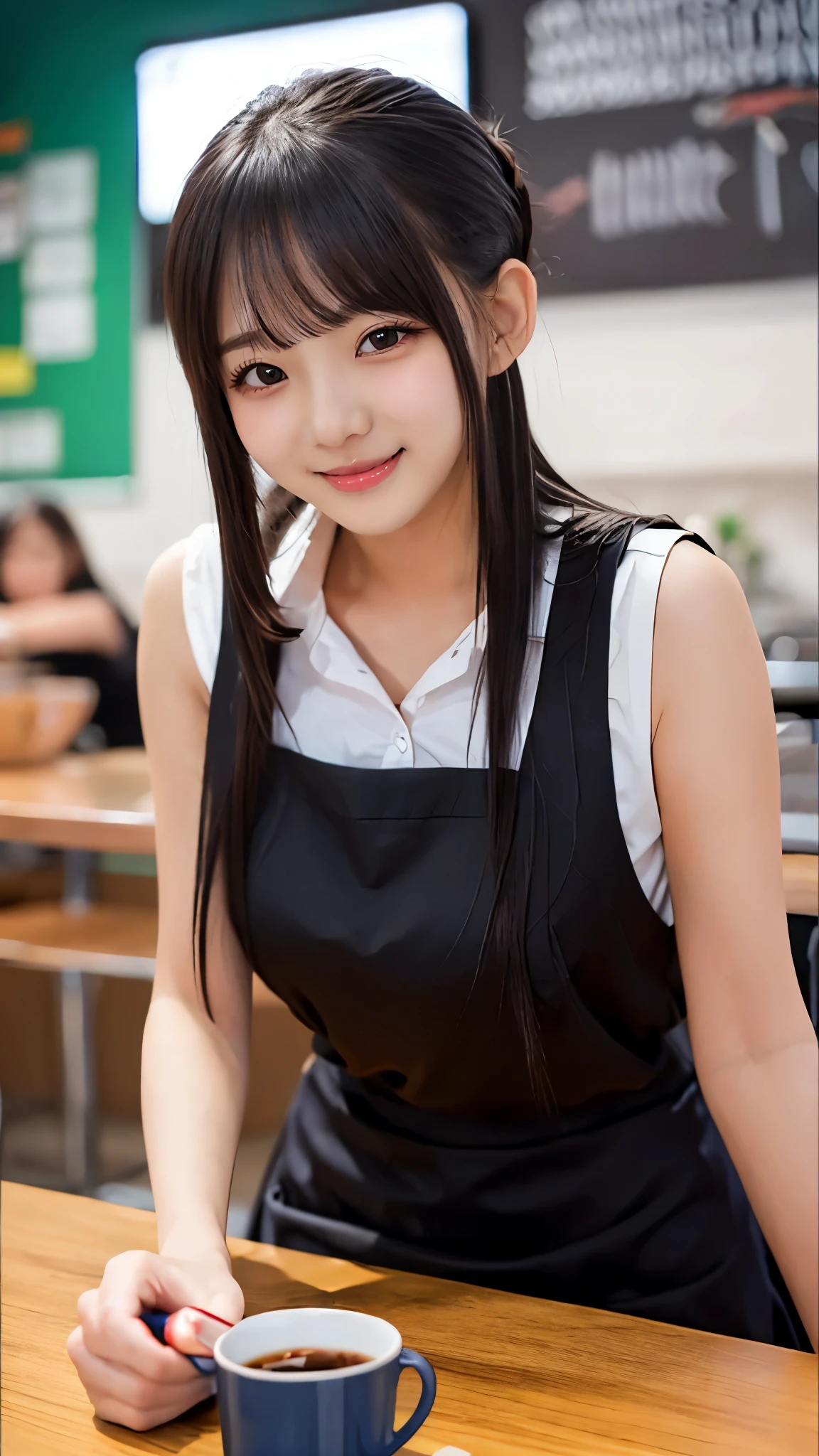 (Dable Top), (((Big beautiful breasts on the tabletop, breasts on table))), (, HIGH SCHOOL GIRLS)、(Sleeveless Elegant Outfit、Pencil Skirt), black hair, (Beautiful Girl Sitting In A Stylish Coffee Shop)、((slender body line)), (detailed hands:1.3, perfect right hand:1.3, fine fingertips down to the smallest detail:1.1), top quality, 8k, RAW photos , Reality, Ultra Fine, (detailed eyes and face:1.2, professional photography techniques), (looks at the viewer:1.2, Mischievous Smile), (perfect anatomy:1.3)