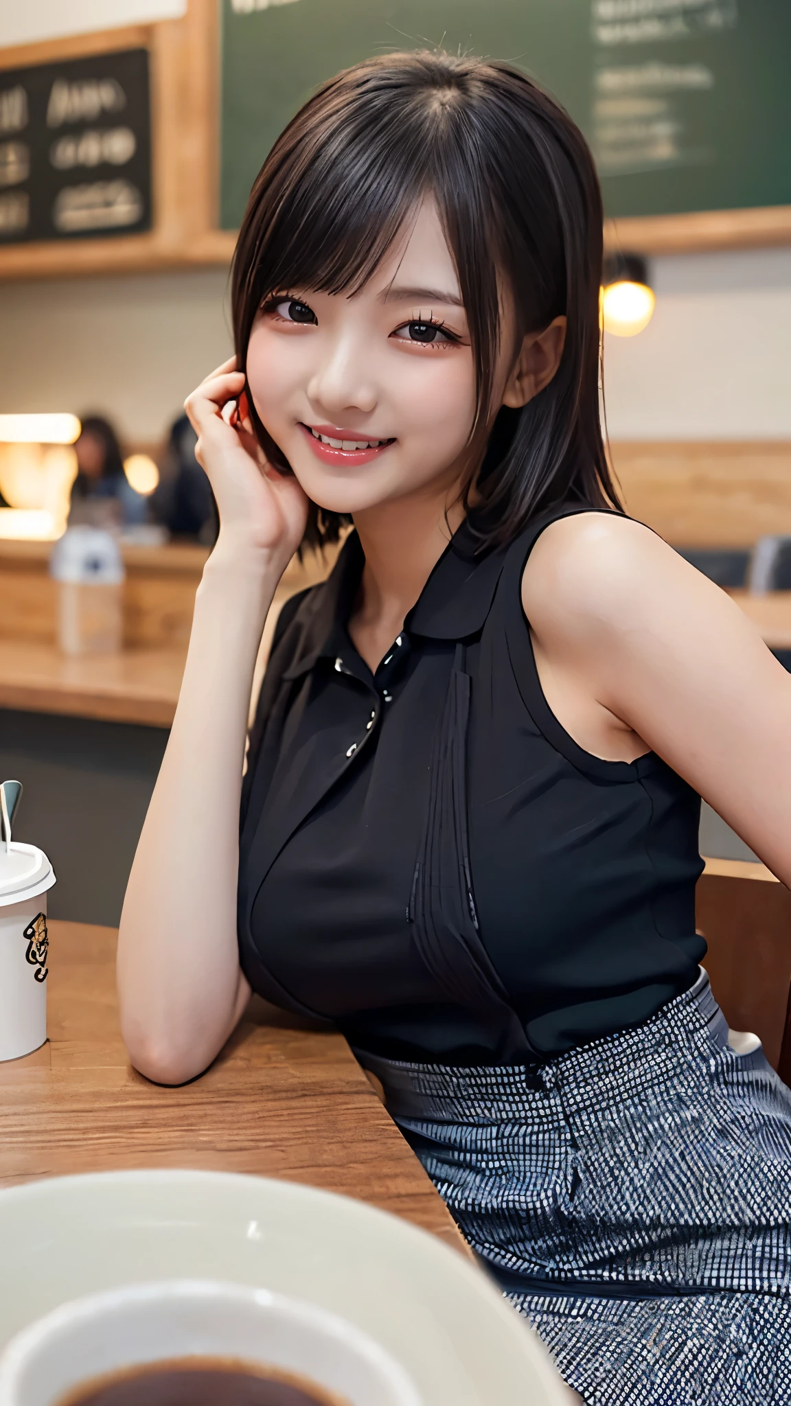 (Dable Top), (((Big beautiful breasts on the tabletop, breasts on table))), (, HIGH SCHOOL GIRLS)、(Sleeveless Elegant Outfit、Pencil Skirt), black hair, (Beautiful Girl Sitting In A Stylish Coffee Shop)、((slender body line)), (detailed hands:1.3, perfect right hand:1.3, fine fingertips down to the smallest detail:1.1), top quality, 8k, RAW photos , Reality, Ultra Fine, (detailed eyes and face:1.2, professional photography techniques), (looks at the viewer:1.2, Mischievous Smile), (perfect anatomy:1.3)