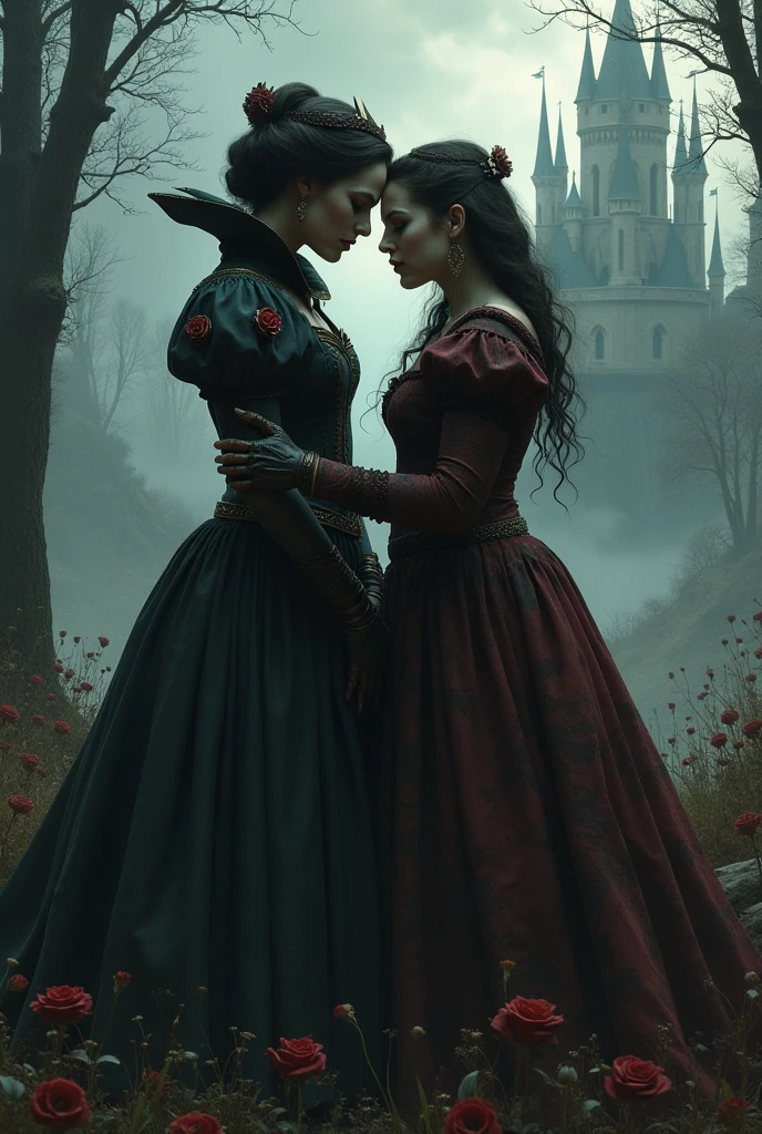 A beautiful girl with very very long blond hair and blue eyes. With a corset. Next to her is a bad stepmother who ties her up with a rope. w czerwonej sukni i oczach. In black curls. And a knife in my hand. And he threatens her