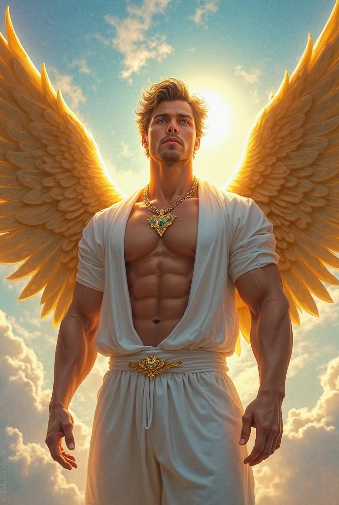 Photorealistic, ((best quality)), ((masterpiece)), (detailed), masculine portrait of young angel , 18-year-old male models, handsome, tall, cute looking, cute look, sweet look, powerful, young male, handsome model, clean shave, silver eyes. (blond:1.5), short curly messy blond hair, messy curly hair, short hair, super strong, muscular, fit, massive muscles, six pack, (shirtless:1.8), barechested, half-naked, topless, muscle, ripped, strong body, fit body, great chest, amazing armassive maggestic angel wings:1.4), (angelic halo :1.4), (linen draped cloth skirt:1.4), heaven gates in the background, (heavenly background:1.3) 8k, high detailed, ultra-detailed, Stylish Pose, real skin texture, dark cinematic lighting