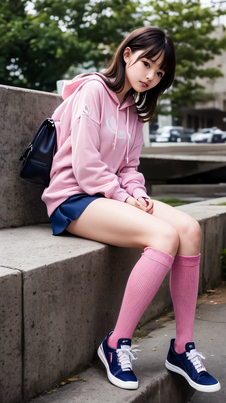 Sakura Haruno pink hair in pink sweater and pink underwear and white shoes.