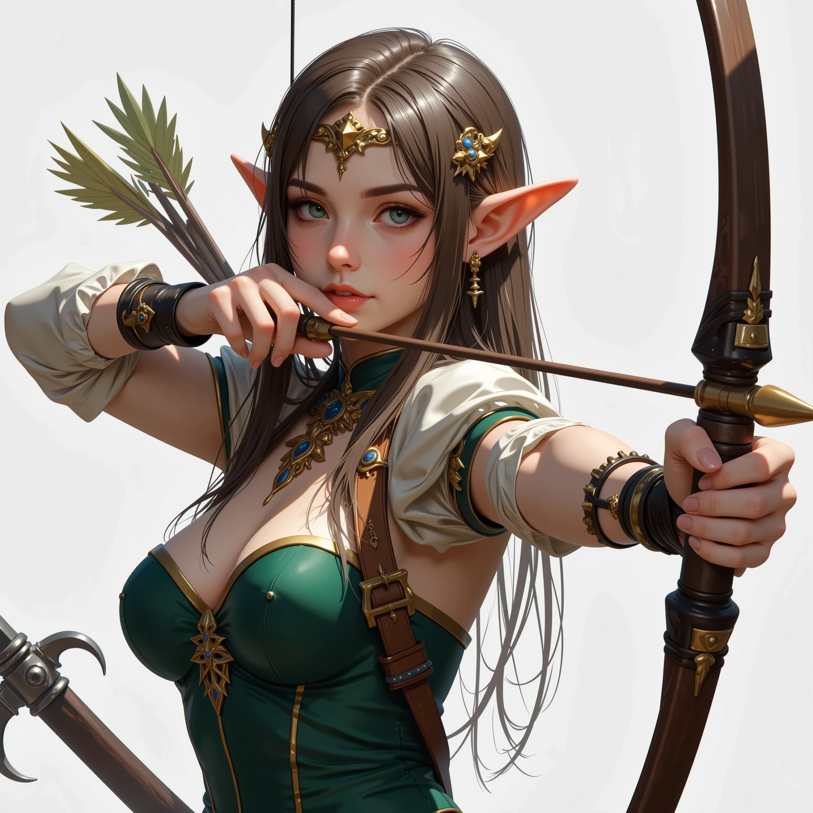 （8K，RAW photos，best qualtiy，tmasterpiece：1.2），ultra - detailed，offcial art，photo-realistic：1.37，upperbody shots，rainforests，Female elf，Large breasts，Leather clothes，bow and arrows，ornate decoration，Complex textures，Tattooed with，actionpose