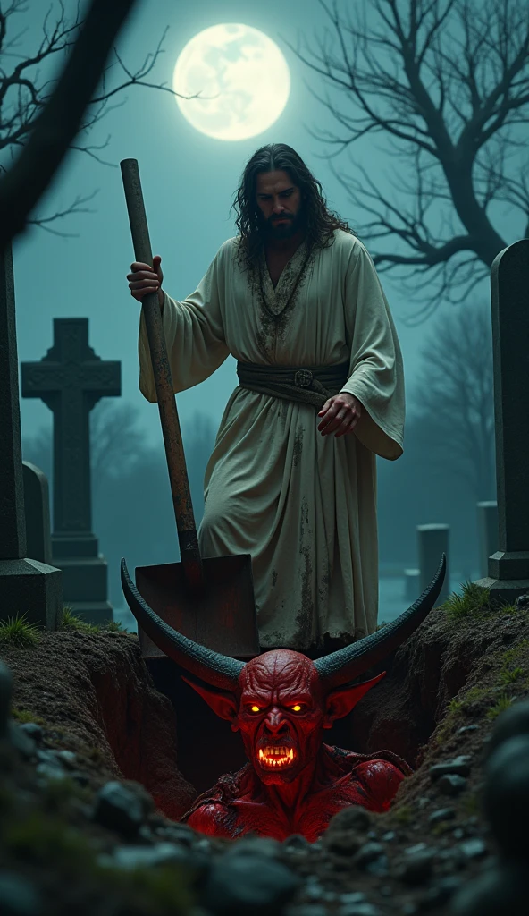 Create an image with a character wearing a red and black devil mask, with horns and an evil smile, carry a shovel to dig a hole. On his forehead, in black and white letters, it is written "ZZ" in the style of the movie "The Purge". Next to the hole, A fat and morbid man lies on the ground, as if he were being buried alive. The character with the devil mask smiles sadistically as he continues digging.