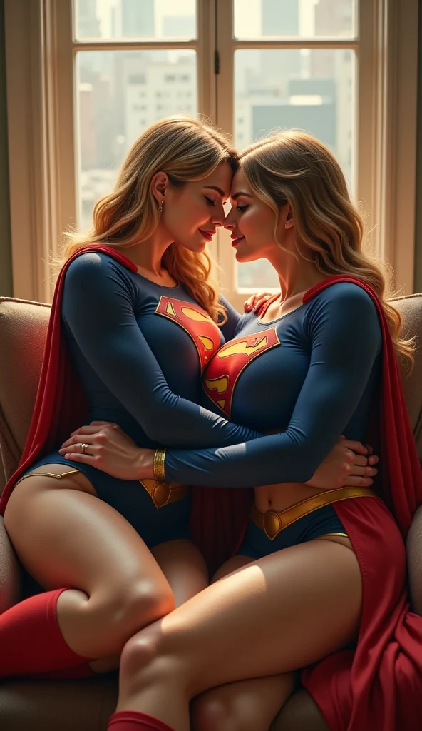 2 INTIMATE SUPERGIRLS HAVING HOT PASSIONATE SEX IN BED. WEARING IDENTICAL SUPERGIRL OSTUMES AND CAPES. ONE EATING THE OTHERS WET CUM COVERED PUSSY.