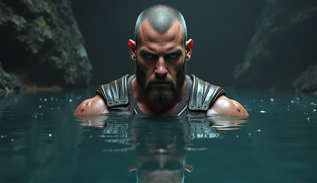 man god of the sea, he is a hybrid, his skin is that of a marine iguana, the color is gray, despite his skin being like this he is beautiful, he is bald, his skin is that of a marine iguana from head to toe, he is In a sea cave, on the edge of the beach where it meets the sea, the man is healed, and wears no clothes. sea god man, marine iguana hybrid man, full body