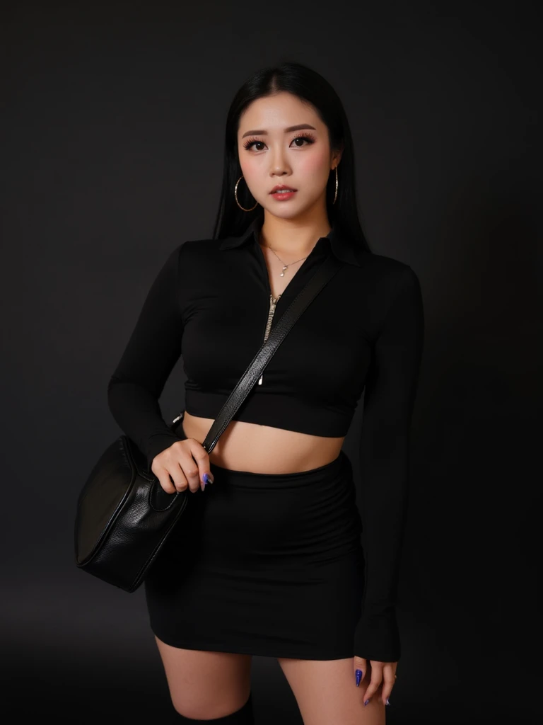 1girll, Solo, Long_Hair, Looking_at_peeping at the viewer, brown_Hair, black_Hair, The legs are long,information, high-necksweater,whole_Body, parted_Lips, necklace, dark mole, black_Eyes, Lips, Realistic, Red_Lips (Dress conservatively )
