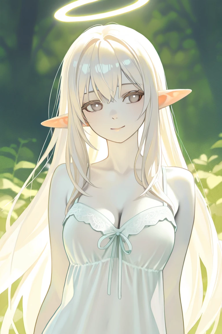 Anime girl with dark skin, green eyes, white hair and elf ears wearing a white wedding dress