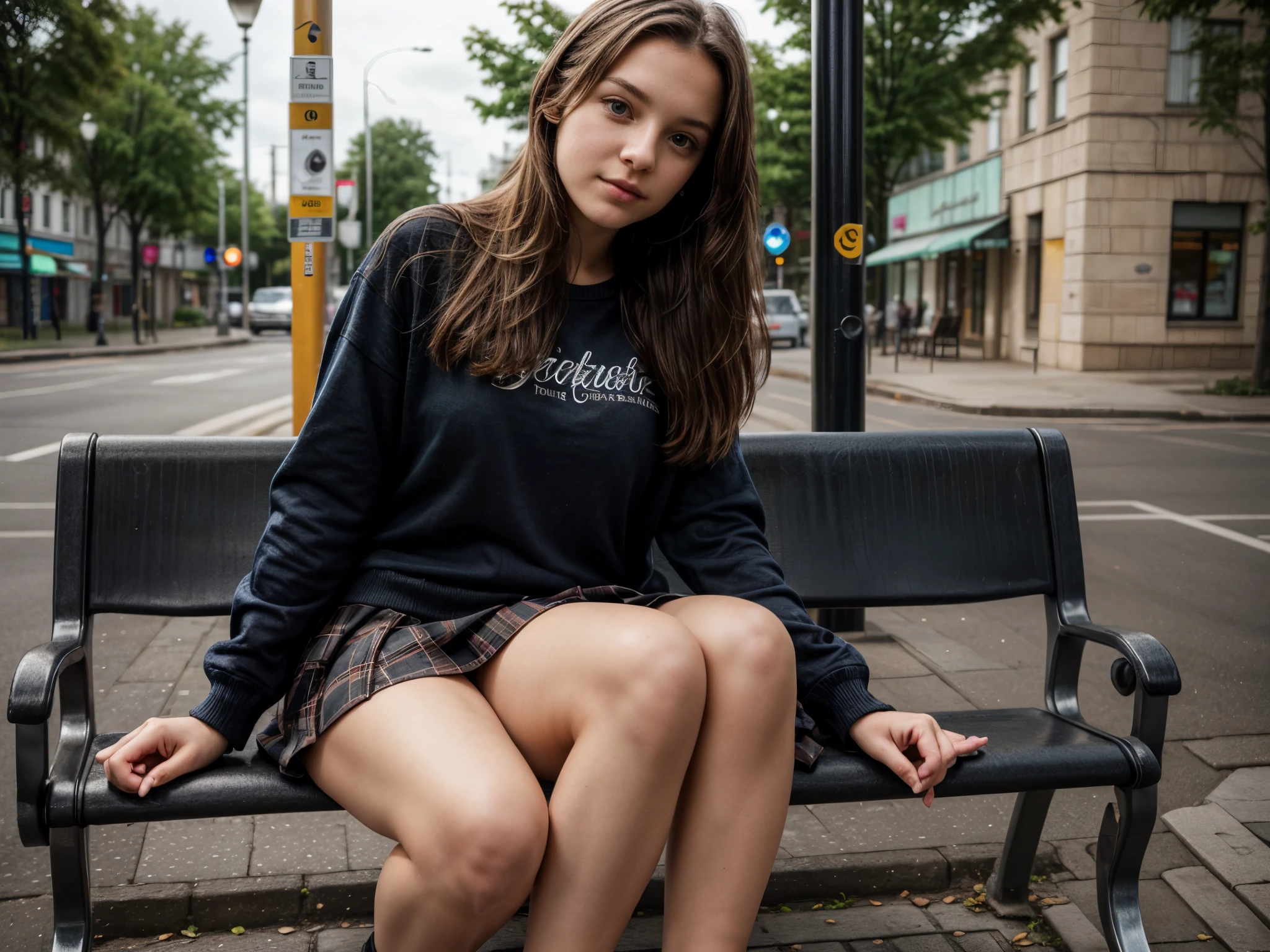 best resolution, highly detailed, closeup of a young girl with three legs, , German-American, brunette, pretty, casual outfit and skirt, sitting at a bus stop,