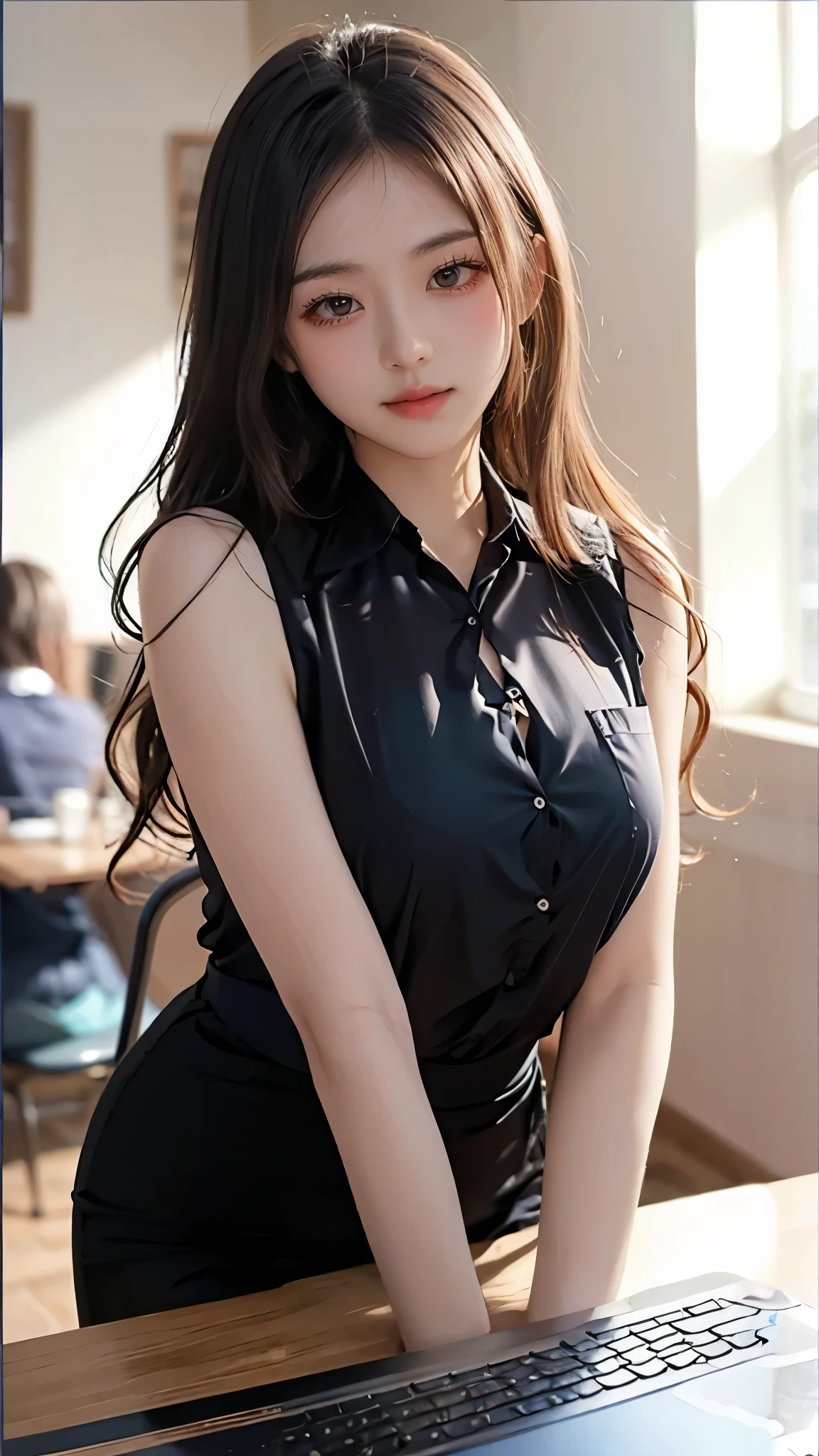 masterpiece, Highest quality, Realistic, Highly detailed CG integrates 8K, 8K,(Very beautiful face, Beautiful Lips, Beautiful Eyes), Exquisitely detailed face,1 Girl, Very beautiful girl,Exquisite eye makeup,Subtle eye detail,The best example of four fingers and one thumb,Toned figure,Nice and beautiful smile,明るいLong Hair,transparent, Quality hair,(masterpiece, Highest quality:1.2),alone,The eyes are exquisite and delicate,Brown Hair、Long Hair、Pink Lips,blue eyes,Big Breasts、Wavy Hair、(((Black Bunny Girl Suit、One-piece clothing、pub)))、Japanese、25-year-old female