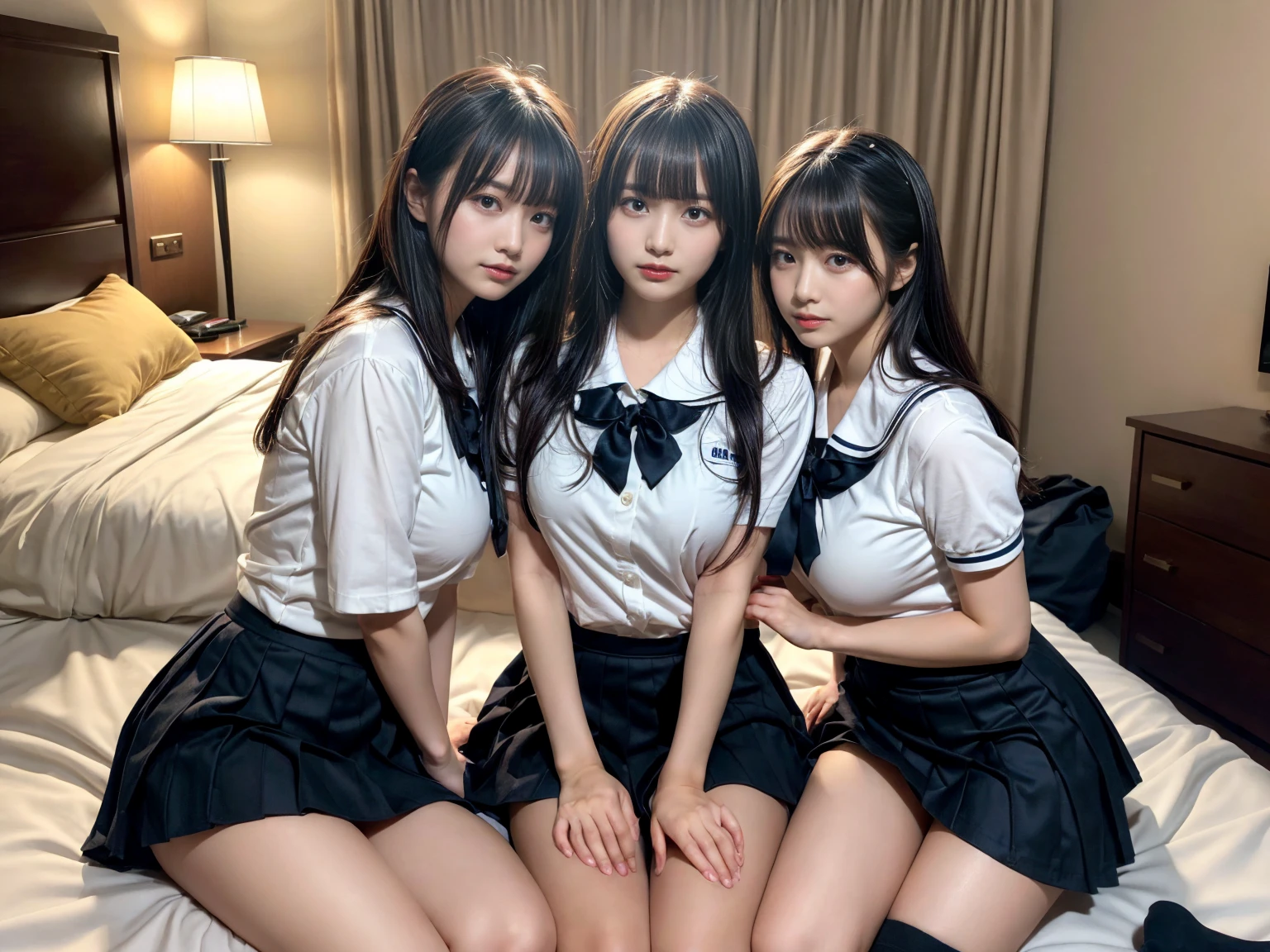 (8K, Raw photography, top-quality, masterpiece:1.2), master piece, best quality, illustration, Super detailed, fine details, High resolution, 8K,wall paper, perfect dynamic composition,(Details High quality, realistic depiction of eyes:1.3), ((2 girls, 2 schoolgirls)), The background is a luxury hotel room、High school girl uniform、blazer 、Super Short Check Uniform Skirt、Navy blue high socks、garterbelts、Colossal tits、Disturbed uniform, Play with each other,Touching each other's bodies,Touching the body of the girl next door, short bob hair, black hair color, huge breasts, Big Natural Color Lip, bold sexy pose, (perfect body shape), crying a little、cold gaze, Beautiful makeup,glitter makeup,Cutest 18 years old, beautiful legs, hposing Gravure Idol, Voluptuous thighs