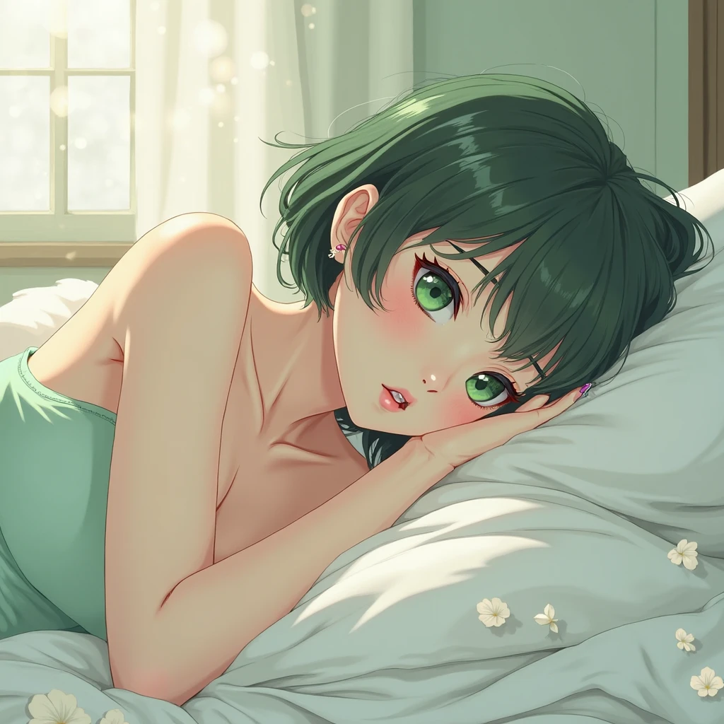 Cute girl with short hair relaxing in bed Night room Green hair Looking out the window