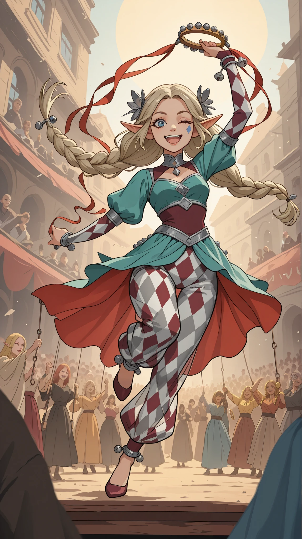 Create a dynamic and vibrant concept art piece of a adult elf woman performing as a dancer in a medieval city square. She moves with grace and energy, striking an eye-catching pose mid-dance while winking playfully at the audience. In her right hand, she holds a tambourine. Her outfit is a dazzling harlequin costume that filly covers her body. Costume has leggings with diamond harlequin pattern and layerd skirt, featuring a patchwork design of bright, contrasting colors, all stitched together with meticulous detail.
Small silver bells are tied around her wrists and ankles, jingling softly with every movement. Her long blond hair is styled into two thick braids that swing freely as she dances, each braid decorated with thin ribbons matching the colors of her outfit and small silver bells. Her face radiates joy and mischief, with a wide, infectious smile that captivates everyone watching. The composition should emphasize motion and creativity. Use dynamic angles to enhance the sense of action, position the viewer slightly below her, looking up as if they’re part of the crowd cheering her on. The lighting comes from late afternoon sun filtering through gaps between the buildings, creating soft golden highlights on her hair, tambourine, and the metallic embellishments of her outfit.