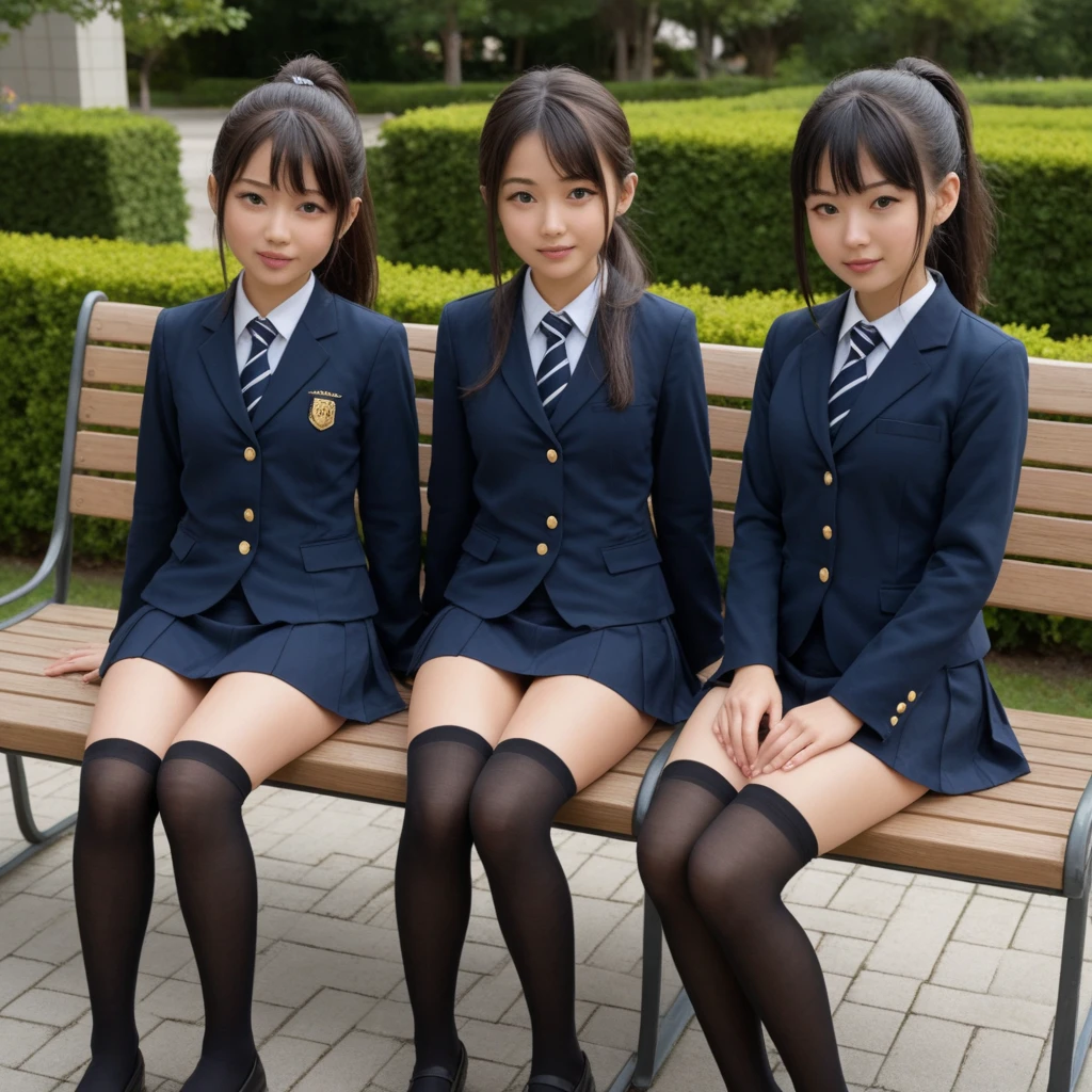 Two women sitting on a park bench、Japanese、young woman、27 years old、Eating a boxed lunch、(The woman on the left is wearing black tights.,Lightweight tights、Wearing a skirt、20 denier、Sitting with legs crossed、Long legs、Beautiful legs:1.3),(The woman on the right has bare legs.、Not wearing tights、Panty shot、Wearing a skirt、With legs apart、Panties are visible:1.6),smile、smile、Wearing a nurse's uniform